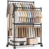Tujurich Clothes Rack - 36.2" x 21.3" x 72", 4-Bar Double Rod Rolling Metal Clothing Rack for Hanging Clothes, Portable Garment Rack with Wheels for Bedroom Laundry, Closet Wardrobe, Black