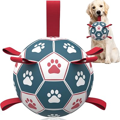 HETOO Dog Toys Extra Large Football with Straps 9 Inch Blue Red