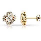 Hoops & Loops 925 Sterling Silver Four Leaf Clover Stud Earrings for Women - AAAA Cubic Zirconia Lucky Studs, 14K Gold, Rose Gold Flash Plated, Trendy Sparkling Minimalist Jewelry