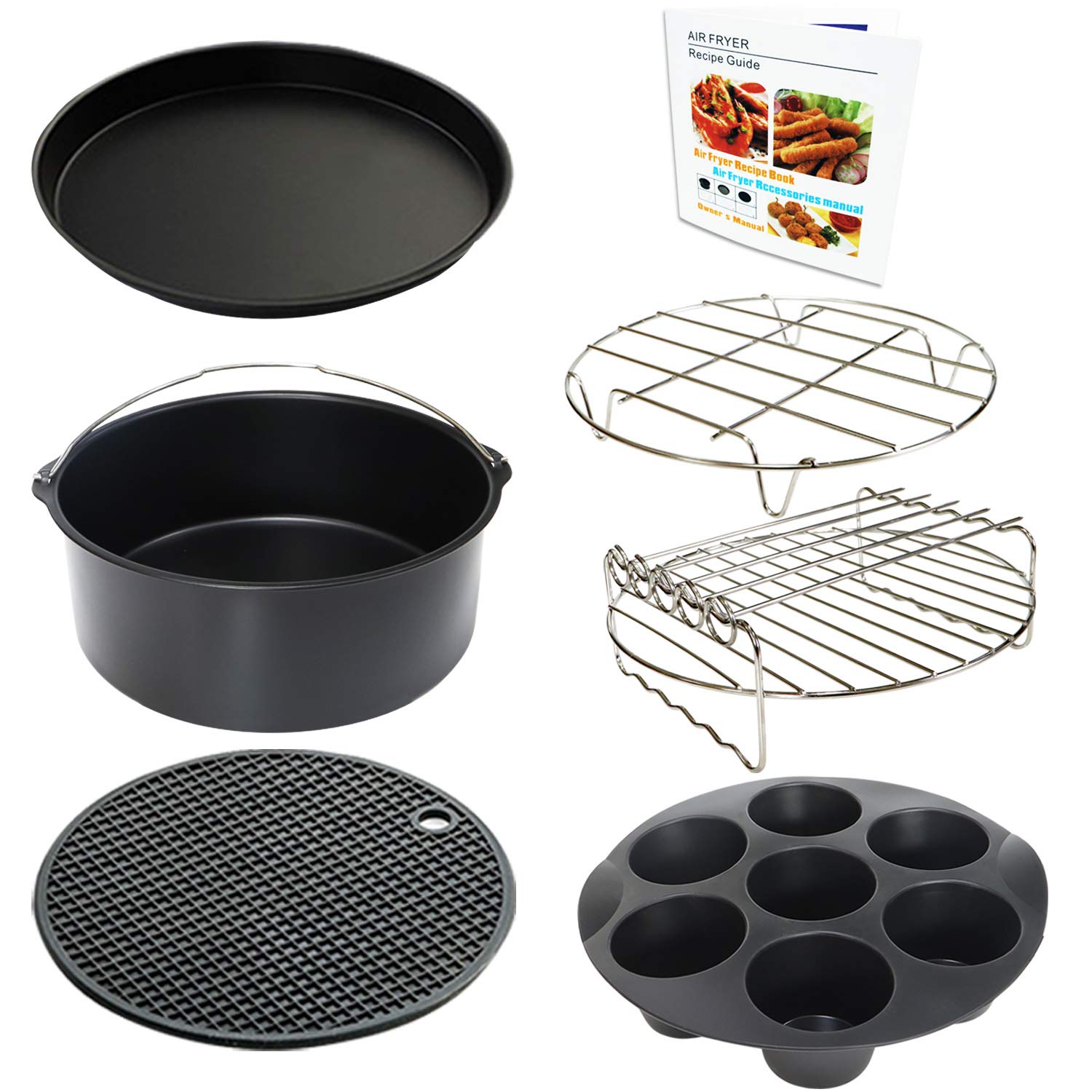 9 Inch Air Fryer Accessories XL 7 PCS with Cupcake Pan, Pizza Pan, Silicone Baking Cup for 9 Inch 5.3Qt - 6.8Qt and Larger Size Phillips Air Fryer Pressure Cooker Steamer
