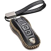 Vitodeco Genuine Leather Smart Key Fob Case Cover Protector with Leather Key Strap Compatible for Porsche Cayenne, Macan, Panamera, 718, 911, Taycan 2020-2026 (3-Button, Black)