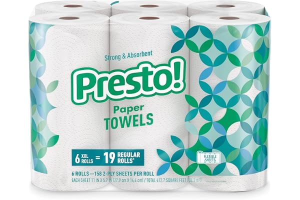 Amazon Brand - Presto! Flex-a-Size Paper Towels, 158-Sheet Huge Roll, 6 Count (Pack of 1), 6 Huge Rolls = 19 Regular Rolls