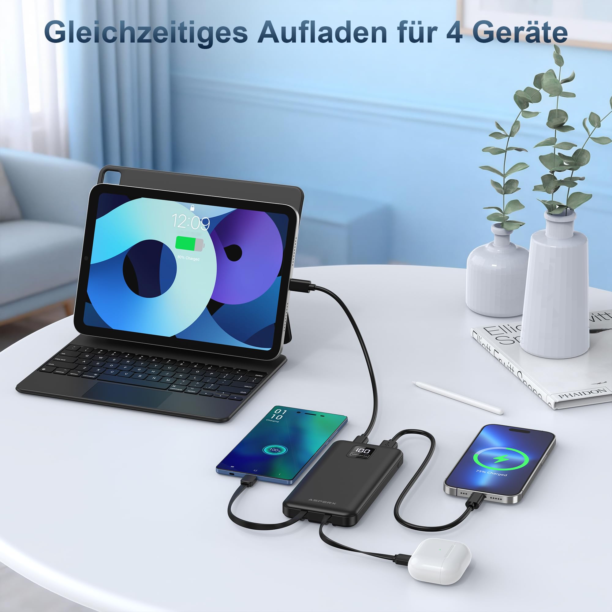AsperX 2 Stück Powerbank 10000mAh mit USB-C Kabel Schnellladen 5