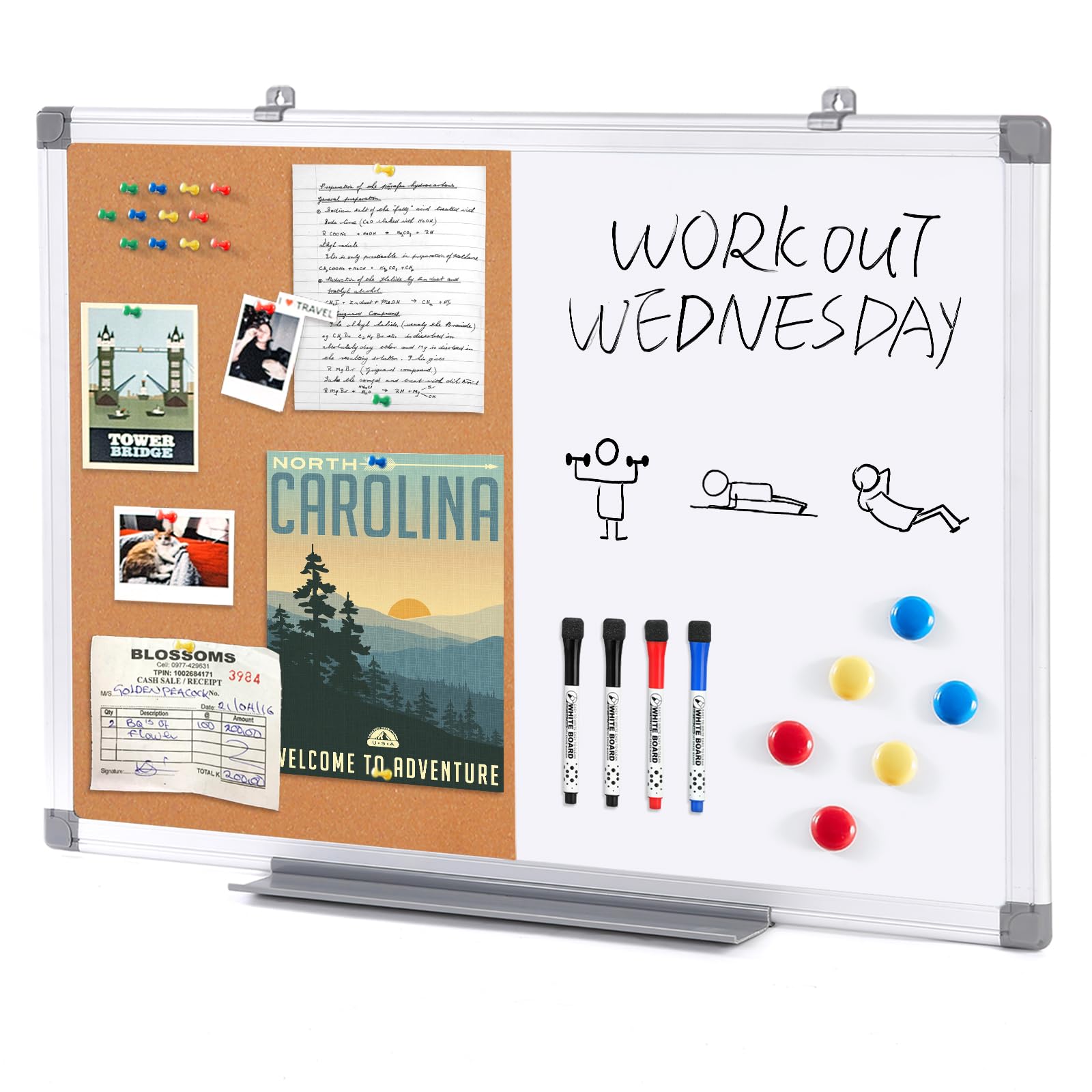 Swansea Magnetic Whiteboard 2 in 1 Cork Pin Noticeboard with Dry Erase Marker + 6 Pushpins,60x45cm