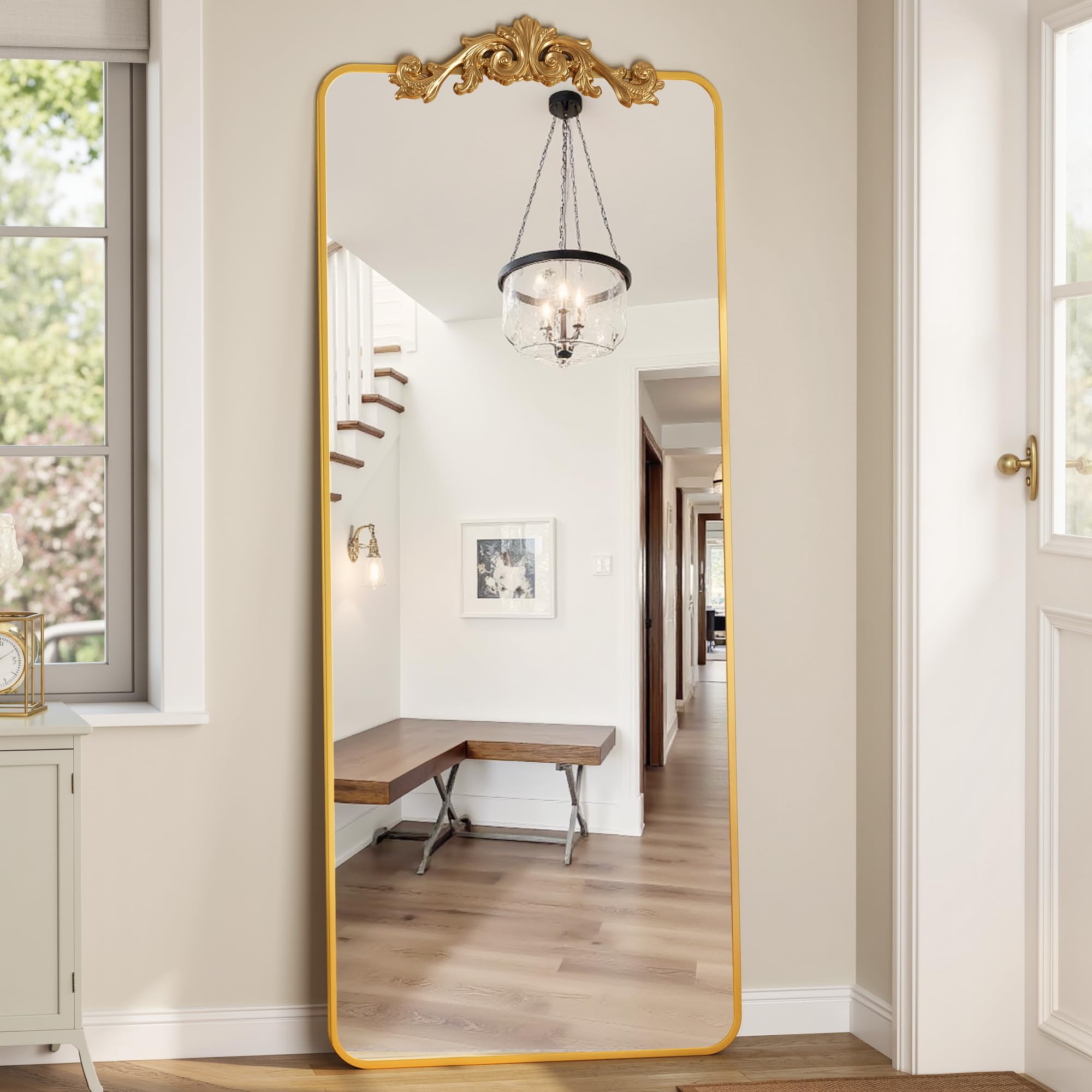 Photo 1 of **reference image**Coomily Full Length Mirror, 58"x18" Floor Mirror Freestanding with Carved Metal Frame, Full Body Mirrors for Living Room, Standing, Hanging, Leaning Mount, Gold, Retro Style
