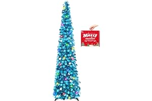 MACTING Pop Up Christmas Tree with Lights 5FT Blue Collapsible Easy-Assembly Coastal Glitter Tinsel Pencil Tree for Porch Apartment Corner Home Holiday Party Indoor Outdoor Xmas Decorations