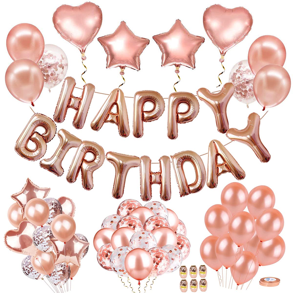 AIBEE 56pcs Party Decorations, Rose Gold Happy Birthday Balloons Banner, Fringe Curtain Foil Tablecloth Heart Star Foil Confetti Balloons