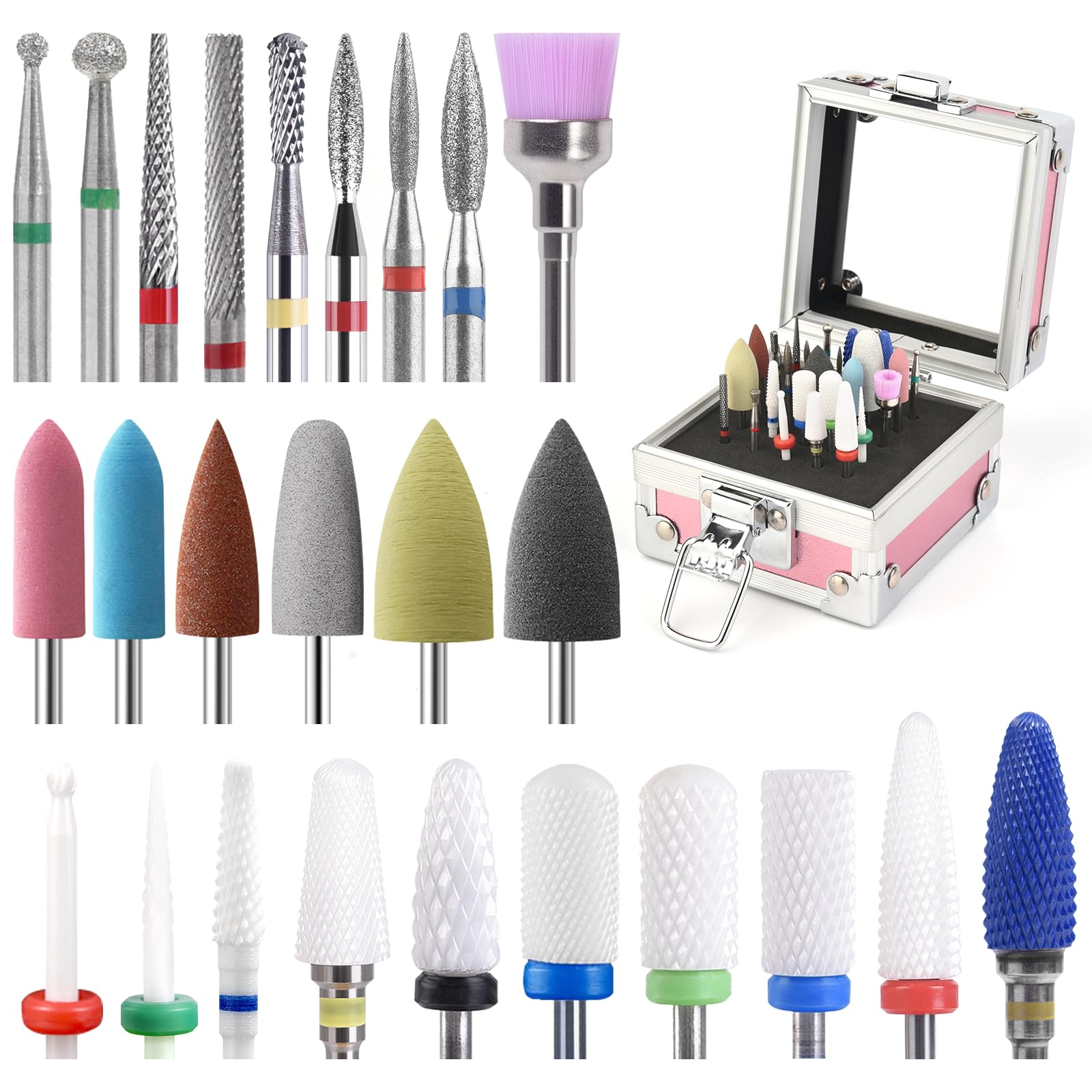 KADS 25Pcs Nail Drill Bits Set with Pink Bits Storage Box 3/32 Inch Drill Bits for Acrylic Nails, Diamond Carbide Cuticle Efile Remover Quartz Pointed Bits Ceramic Rubber Bits for Home Salon
