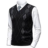 Herothorn Mens Argyle Sweater Vests Classic V-Neck Sleeveless Pullover Grey Black Knitwear Nice Tank Tops for Dad Husband