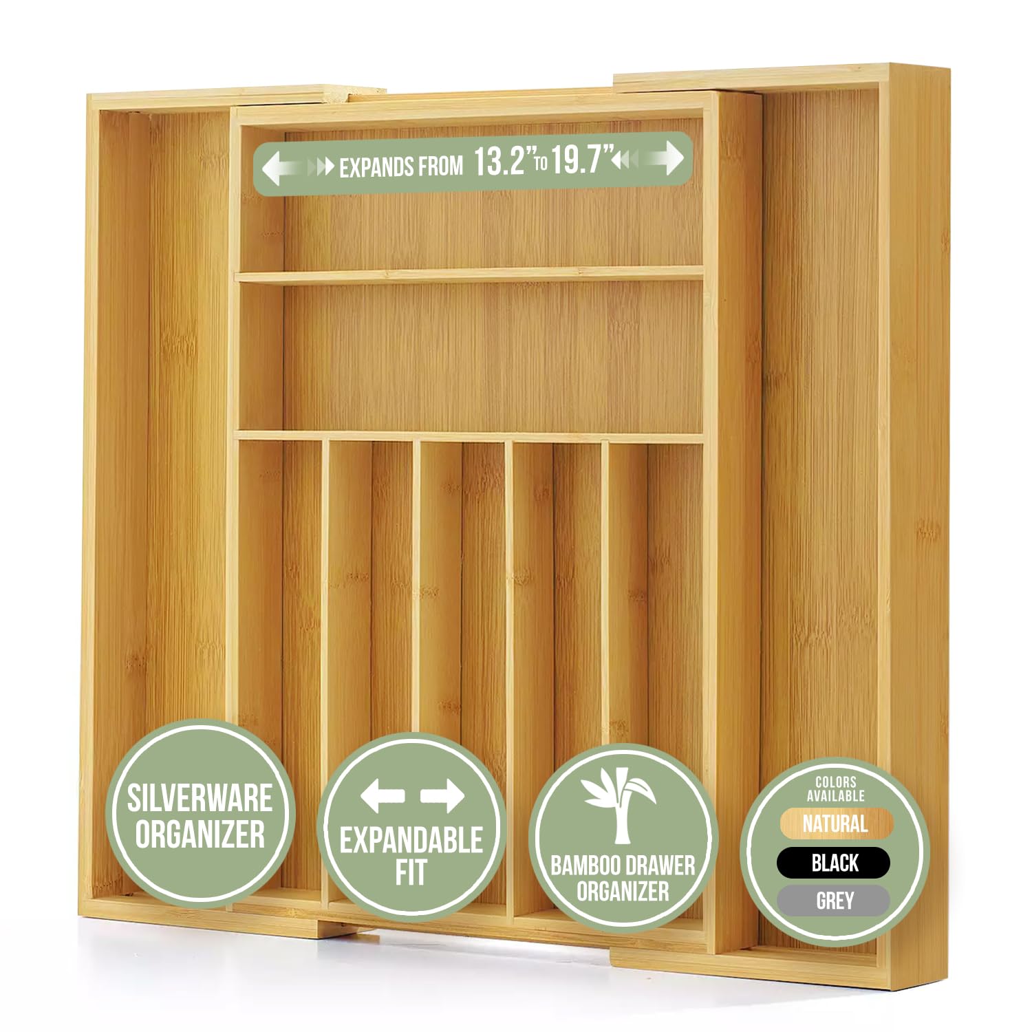 Photo 1 of Purawood Bamboo Drawer Organizer - Expandable Silverware Organizer & Utensil Drawer Organizer, Cutlery Tray with Dividers, 7-9 Slots- Kitchen Organizer for Utensils & Flatware (Natural)