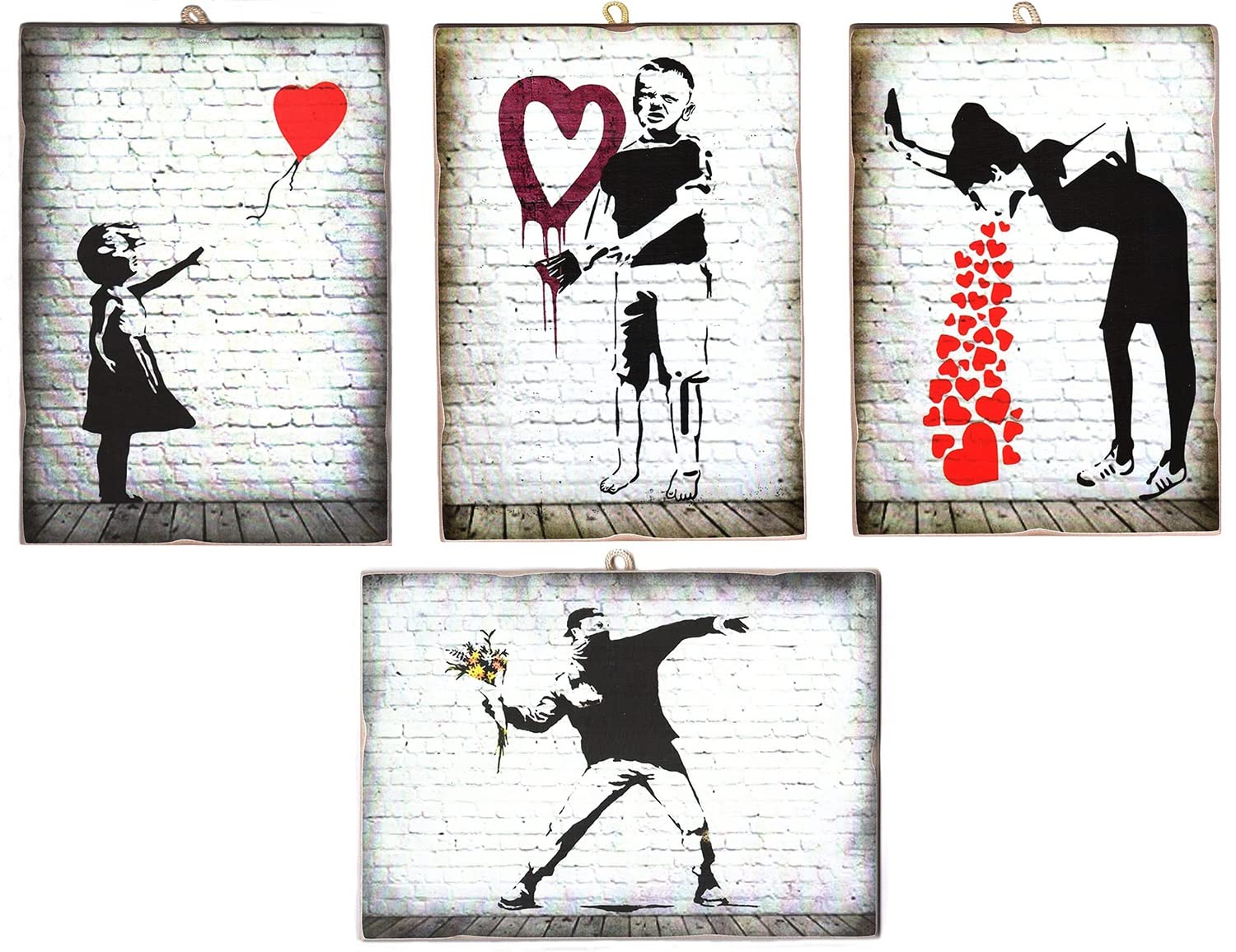 KUSTOM ART Composition of 4 Vintage Style Squares Bansky Series Print on Wood 18x25 and 25x18 cm each picture