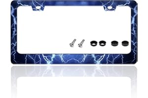 TINALUIN Blue Lightning License Plate Frame Funny Thunder License Plate Holder for Front or Rear Car Tags Reusable Durable Stainless Steel Car Decoration with Screws 6.3 X 12.2 Inch for Men Women