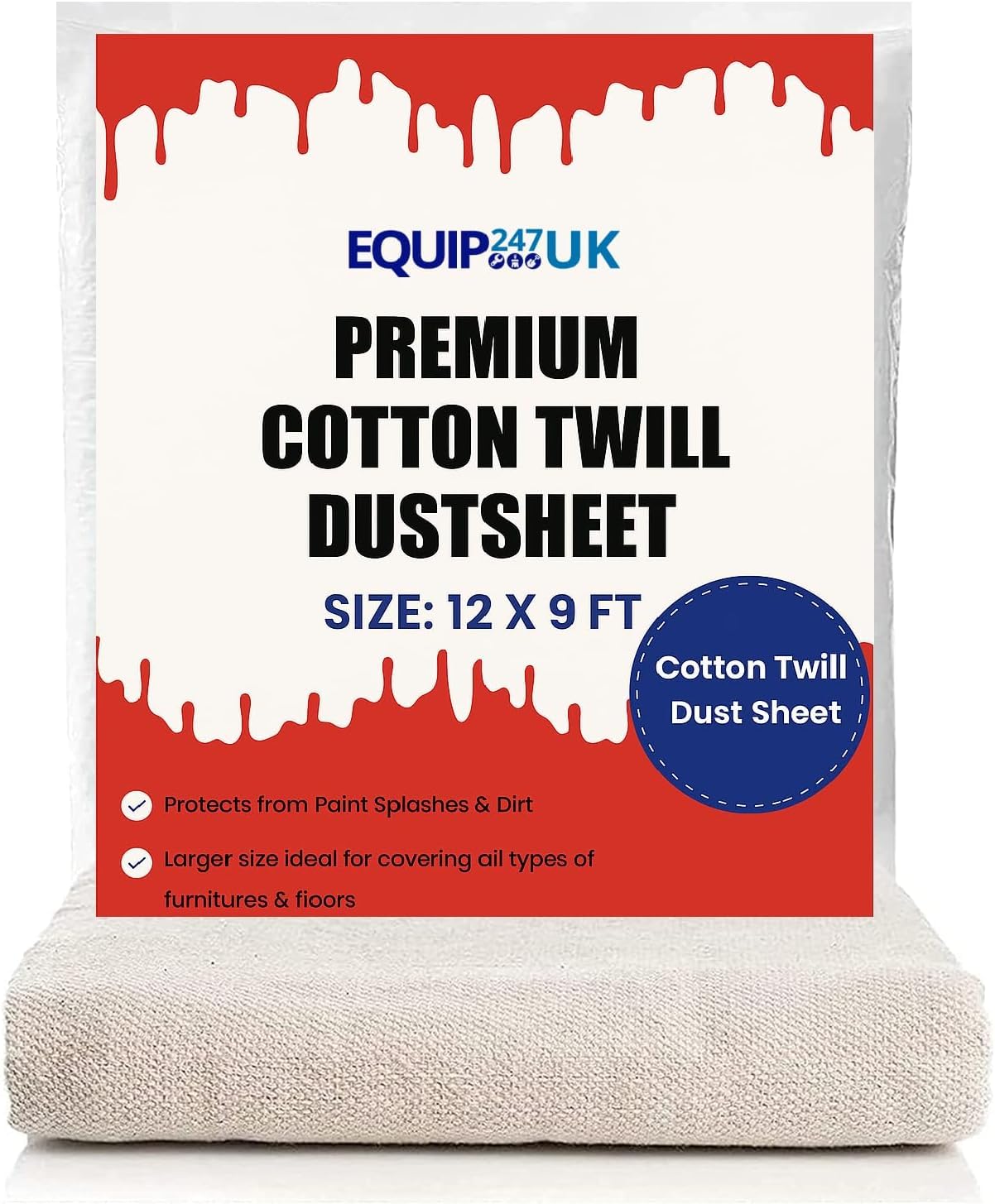 Cotton Dust Sheets for Painting & Decorating | Paint Sheets | Drop Cloth | Painting & Paint Cover Sheets | Dust Sheets for Furniture | Washable and Reusable | (Cotton, 12ft x 9ft / 3.50m x 2.60m)