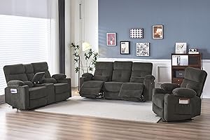 Consofa Recliner Sofa Set for Living Room, 3 Pieces Recliner Furniture Sofa Set, Power Recliner Sofa, Loveseat, Recliner, Power Recliner Sofa Set for Living Room Furniture Set