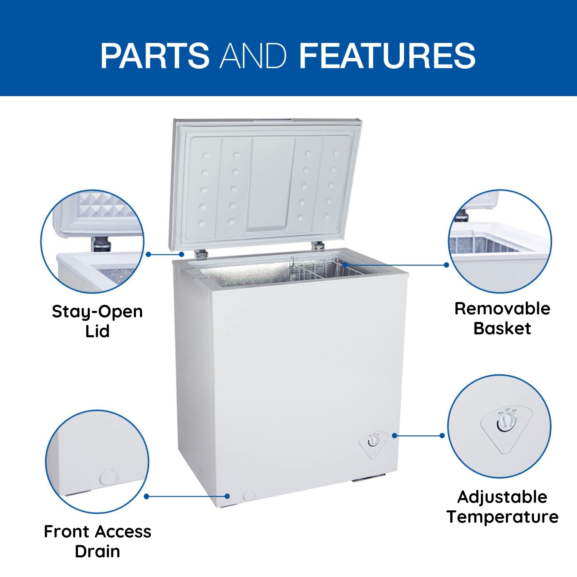 Koolatron Deep Freezer - Chest Freezer, 1 Wire Basket, Garage Ready, Meat Storage, Front Drain, Congelador For Home, Apartment, Basement, Dorm, Cottage, Manual Defrost, Stand Up, 5.0 Cubic Feet, White