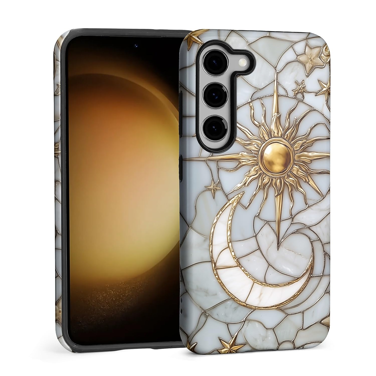 DAIZAG Case for Samsung Galaxy S23,Stained Glass Stars Moon Sun Full Body Design - Hybrid Dual Protection Soft TPU + Hard PC, Shockproof & Scratch-Resistant Protective Case for Men Women