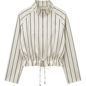 GUNEST Womens Zip Up Cropped Jackets Striped Casual Lightweight Jackets | Stand Collar Adjustable Drawstring Spring Summer Fa