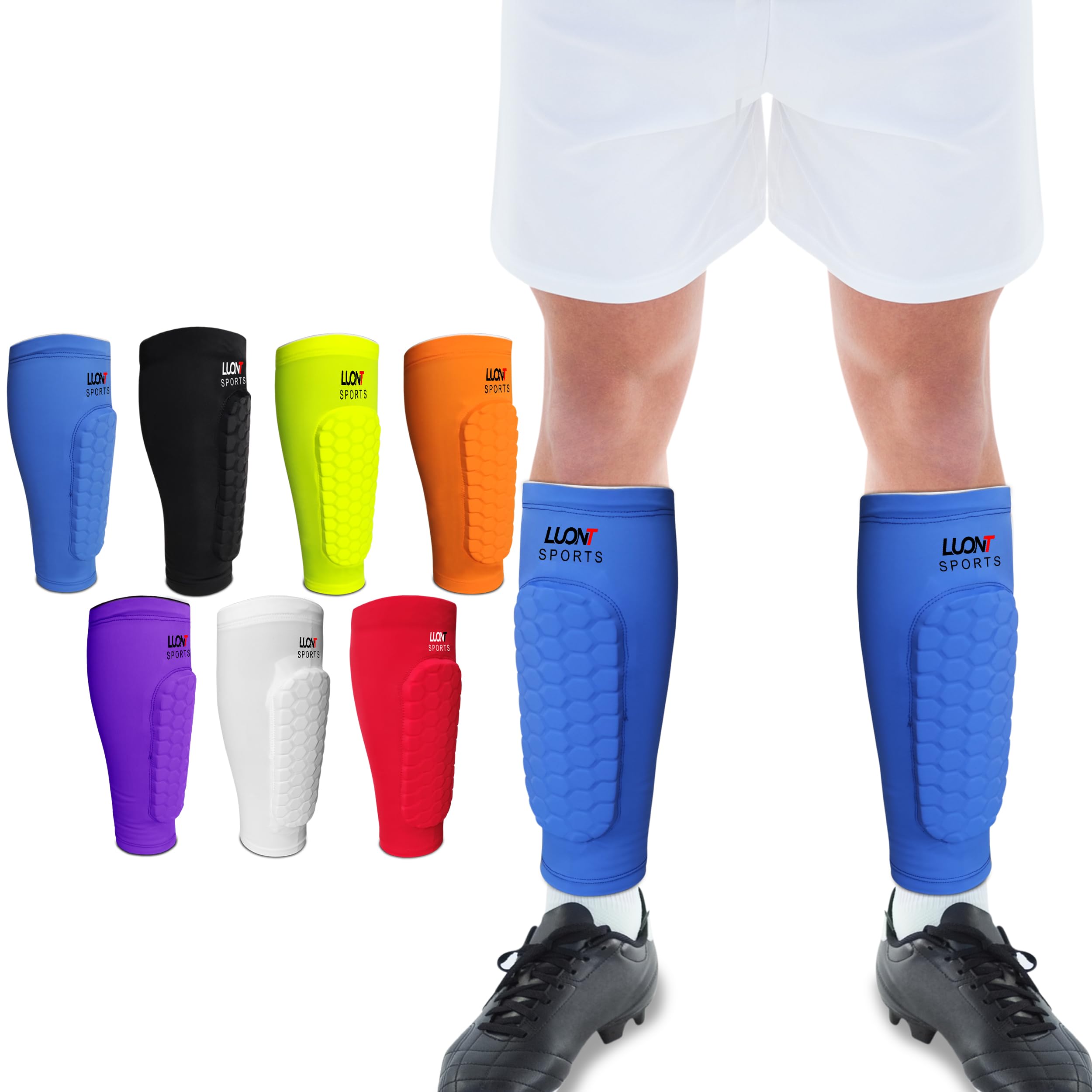 LUONT - Soccer Shin Guards for Men, Women & kids | Protective Football Soccer Pads with Superior Impact Absorption, Breathable, & Lightweight | Football Shin Guards Sleeves (XS, Blue)