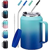 VICKNIY 32/50 oz Travel Coffee Mug Tumbler - w/Handle and Straw, 32oz Stainless Steel Mugs with Lid, Insulated Tumblers Cup Keep Cold-36H Hot-24H, Reusable Home Office Work Wide Mouth Water Bottle