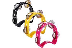TENINYU Pack of 3 Half Moon Musical Tambourine, Double Row Metal 4 Jingle Bells Mini Hand Held Percussion Drum with Ergonomic Handle Grip (Black & Pink & Yellow)