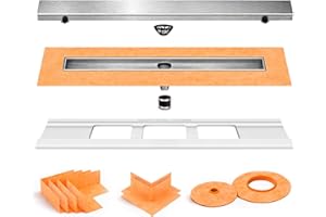 All-in-one Waterproof Linear Shower Drain Kit with 28 Inch Off-Set Outlet Channel Body and Drain Grate Assembly in Tileable D