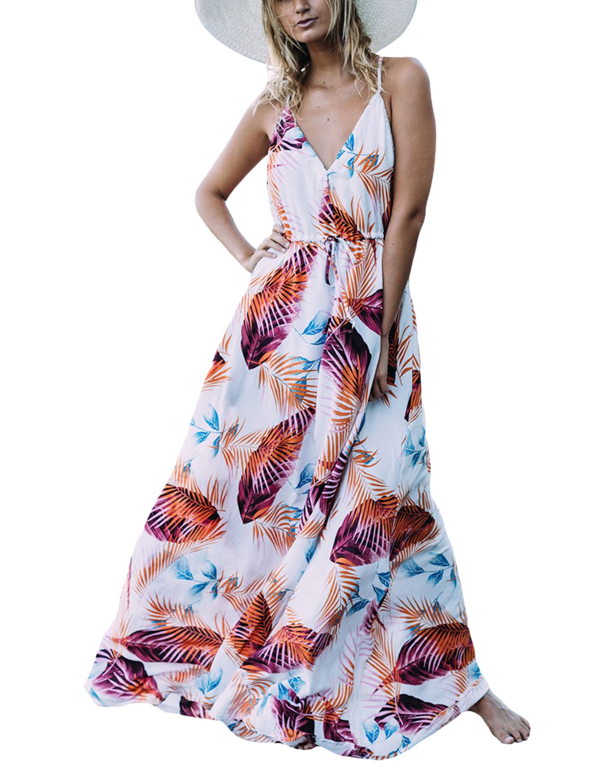 Auxo Women Floral Maxi Dress Sleeveless Sundress Printed V Neck Strappy Long Summer Dresses White2 L