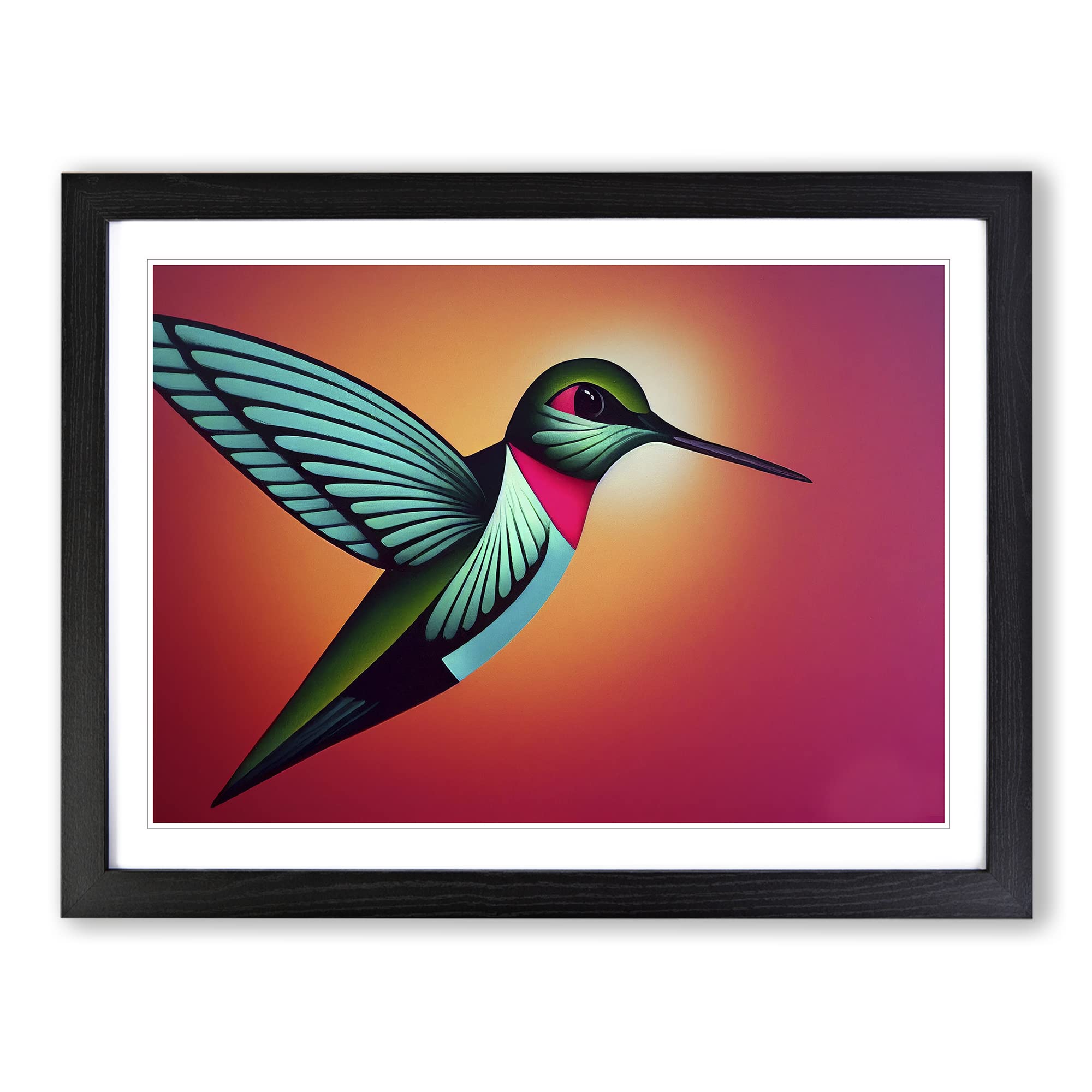 Art Deco Hummingbird Framed Print | A3 Black Framed Wall Art | Ready to Hang | Art Deco Nature Picture | Living Room Bedroom Lounge Office