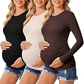 Ekouaer Women's Maternity Crew Neck Long Sleeve Tee 3 Pack