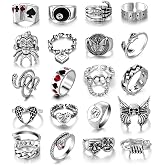17IF 26-35 Pcs Vintage Silver Knuckle Ring Set for Women Men, Gothic Rings | Grunge Chunky Aesthetic Snake Stackable Adjustable Punk Bulky Finger Alt Fairy Skull Frog Heart Star Flower Midi Ring Pack