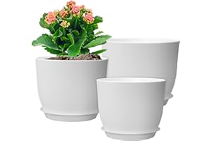 WSMKSZ 12/10/9 inch Large Plant Pots, 3 Pack Modern Decorative Plastic Planters with Drainage Holes and Saucers, Flower Pots for Indoor Outdoor Plants, White