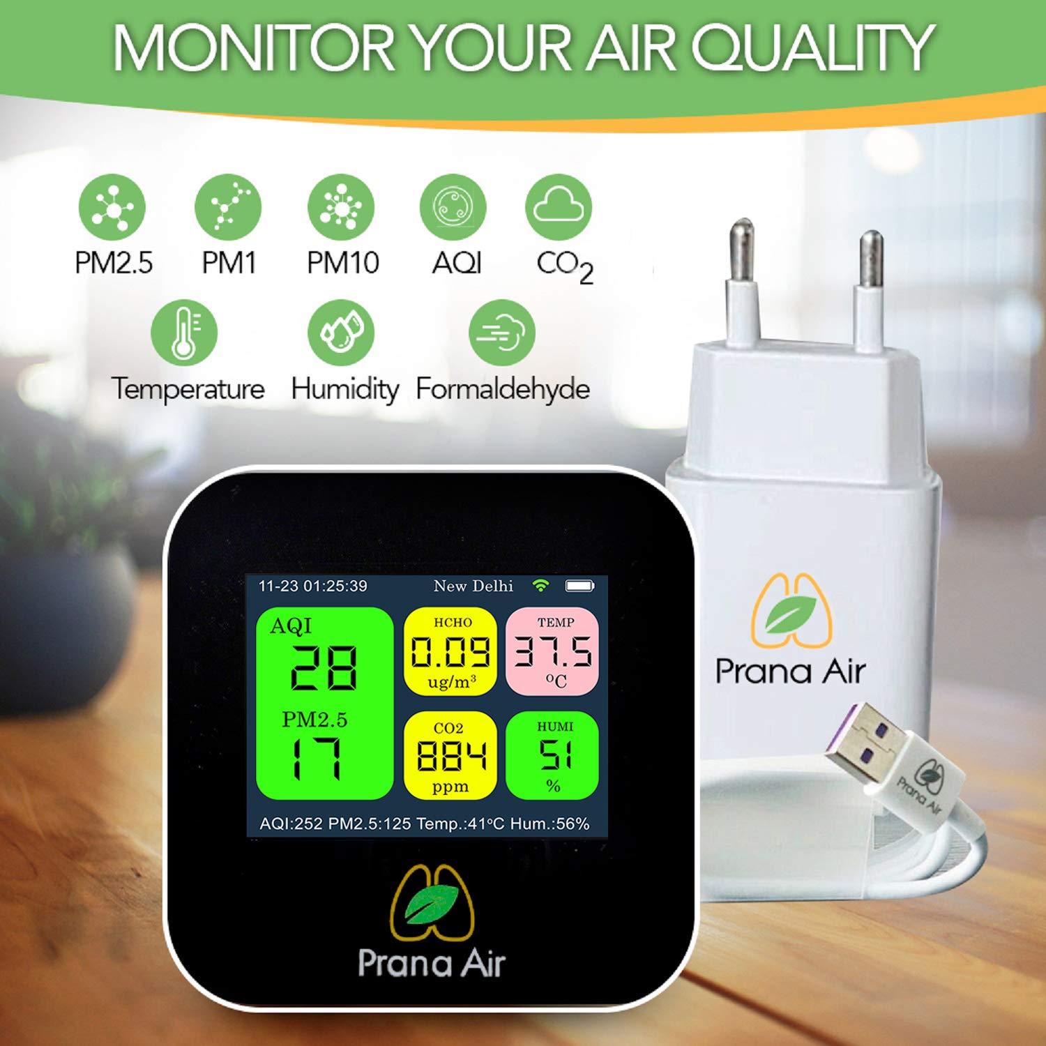 Prana Air CAIR+ Air Quality Monitor Measuring AQI, PM2.5, PM10, CO2