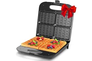Aigostar Waffle Maker, 4-Slice Nonstick Waffle Iron, 1400W Square Waffle Machine with Indicator Lights for Hash Browns, Snacks, Breakfast & Lunch, Easy to Clean, PFOA Free, ETL Certificated, Black