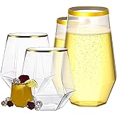 48 Pack Diamond Gold Rim Unbreakable Stemless Plastic Glasses 24 9oz Stemless Champagne Flutes & 24 12oz Cups BPA-Free, Disposable, Shatterproof Drinkware for Weddings, Bars, Events and parties