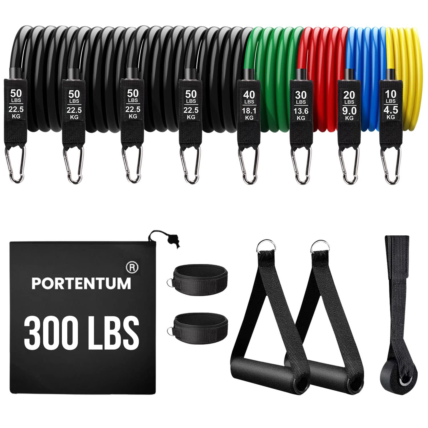 PORTENTUM Resistance Bands, 300 lbs, 17 Resistance Bands for Yoga, Calisthenic Gym, Crossfit, TRX Pilates, Home Gymnastics, Elastic Rubber Bands, with Knuckles and Door Handle