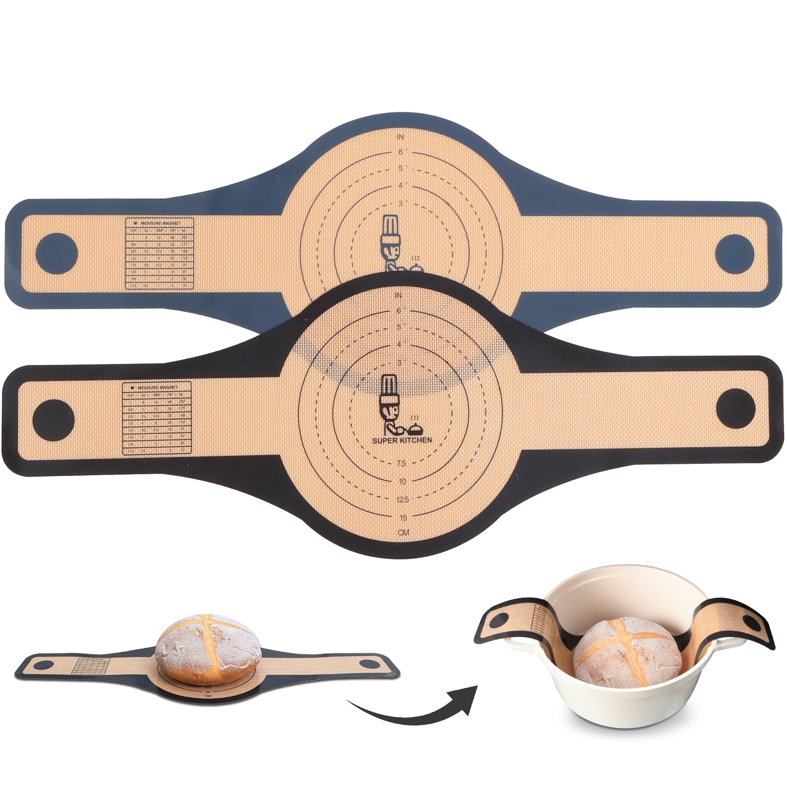 SUPER KITCHEN 2PCS Silicone Bread Sling for Dutch Oven with Extra Wide and Long Handles, Non Stick Silicone Sourdough Sling for Transfer Sour Dough, Reusable Bread Mat for Baking (Black,Dark Grey)