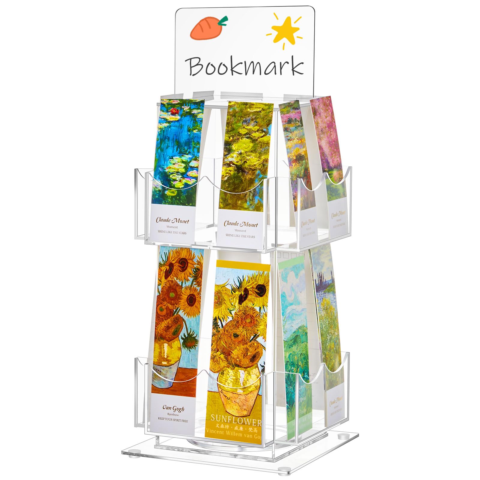 Photo 1 of Marsui 2 Tier Rotating Bookmark Display Stand, 4 Sided Bookmark Sticker Holder, 360° Rotating No Assembly Required Clear Acrylic Sticker Holder for Vendors, Retail, Showcase, Tradeshow, 12.6" x 5.9"