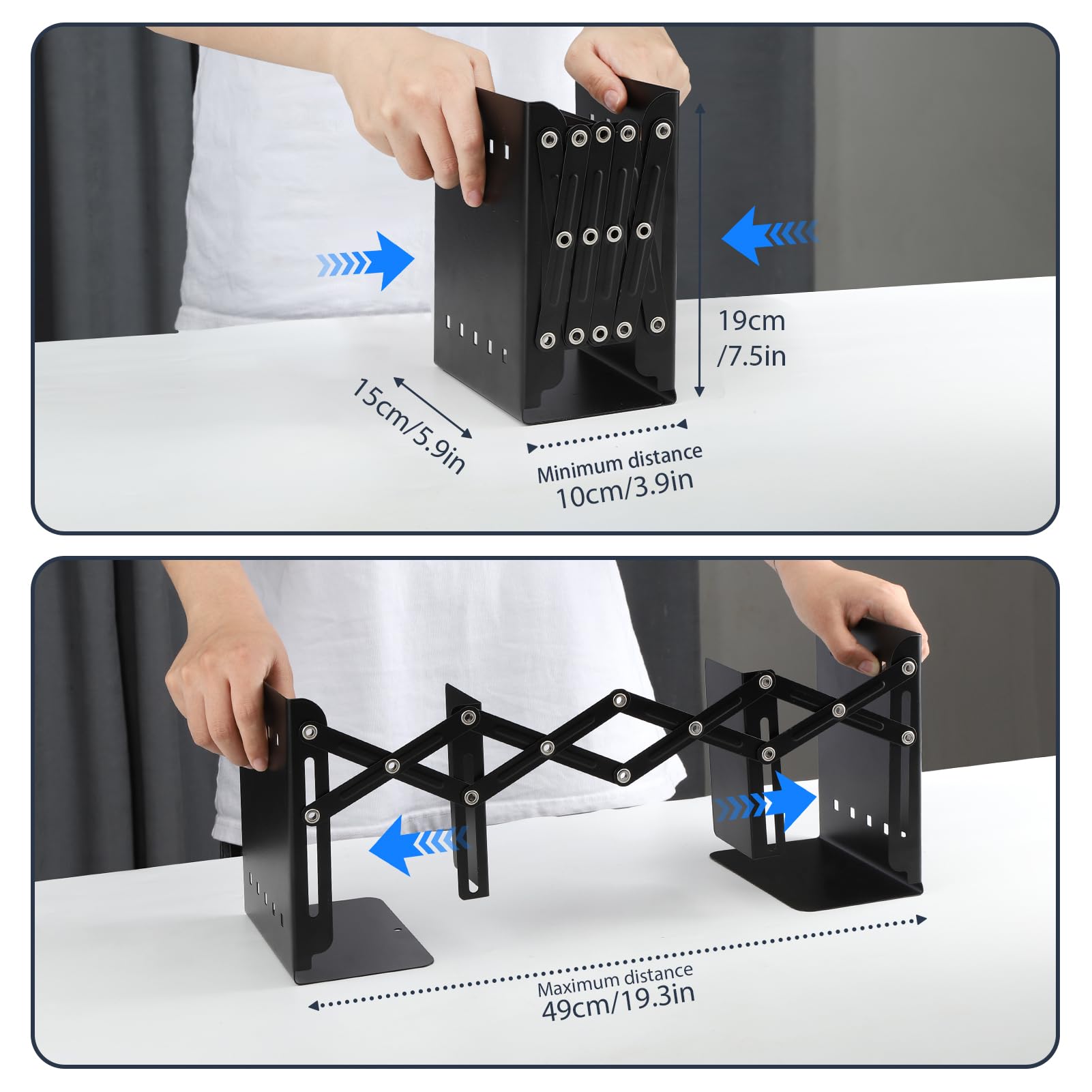 Metal Bookends with Adjustable Length 4 to 19-Inch, Upgraded Book Ends with Detachable Pen Holder, Tray and Hooks, 3-Section Bookrest Organizer Rack for Classroom, Office, School, Home (Black)