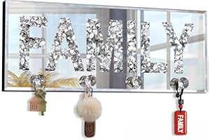 ST3000 Crush Diamond Mirrored FAMILY Letter Plaque Sign for Wall Decor, Crystal Clear Hooks Key Holder Key Hanger, Silver Mirror Decoration Wall Art, Wall Mounted Home Decor 15"×5.9"×1.6"