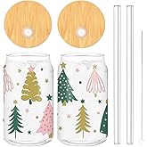 2 Pack Christmas Drinking Glasses 16oz Boho Xmas Tree Glass Cup Pink Green Tree Iced Coffee Cup with Lid Straw Cleaning Brush for Home Office Gifts