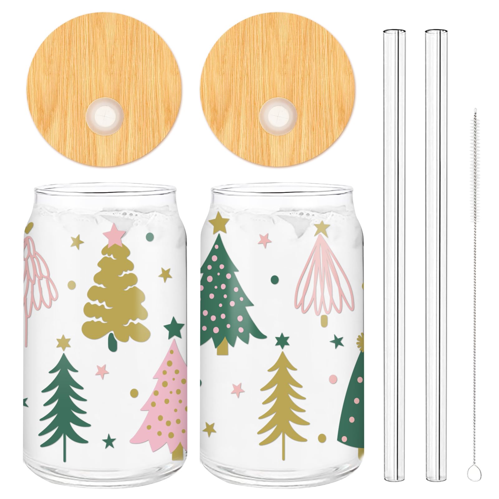 Photo 1 of 2 Pack Christmas Drinking Glasses 16oz Boho Xmas Tree Glass Cup Pink Green Tree Iced Coffee Cup with Lid Straw Cleaning Brush for Home Office Gifts