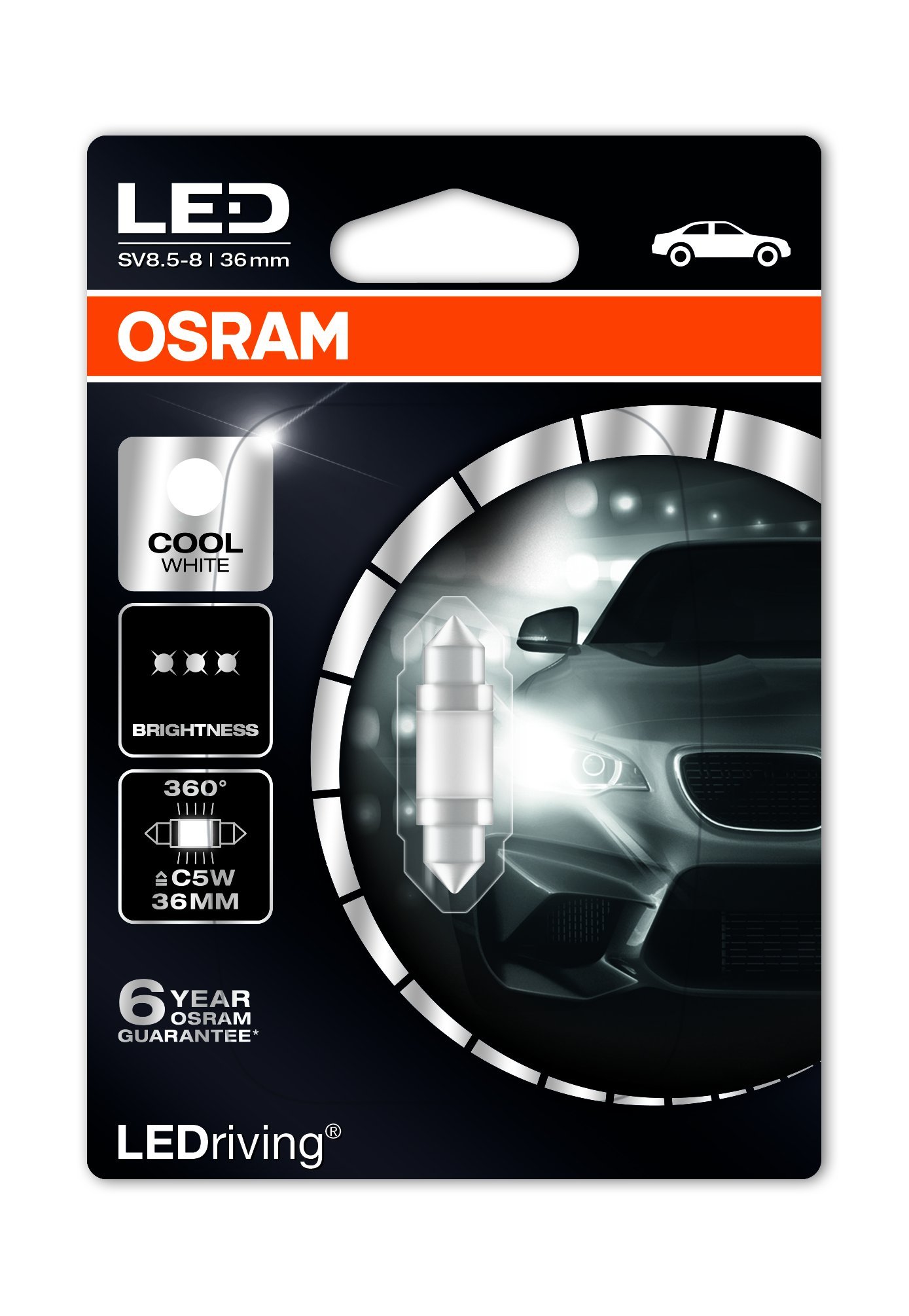 OSRAM LED Premium Retrofit SV8.5-8 36mm, C5W, interior lights, 6498CW-01B, Cool White, 12V, single blister (1 piece)
