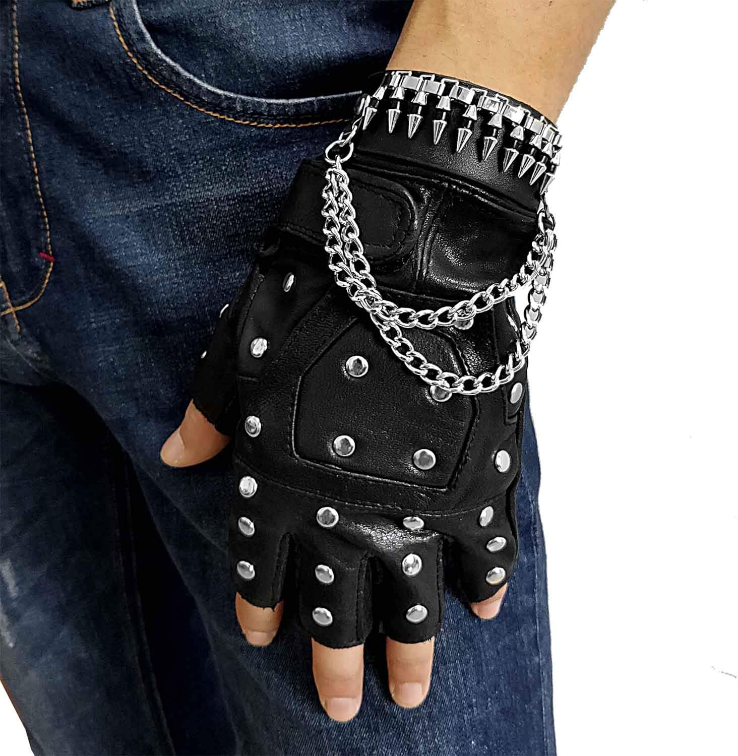 Full Rivets Punk Rock Leather Pair Fingerless Biker Gloves For Men