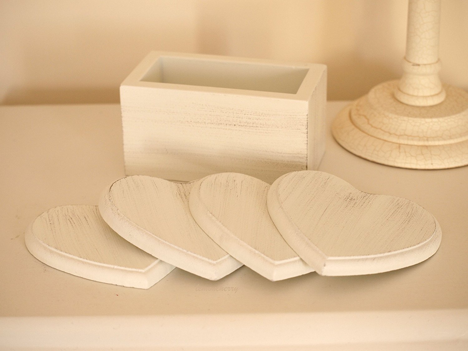 Shabby Chic Style Cream Wooden Coaster Set Hearts Design - in Wooden Coaster Container - Set of 4 Cream Coasters