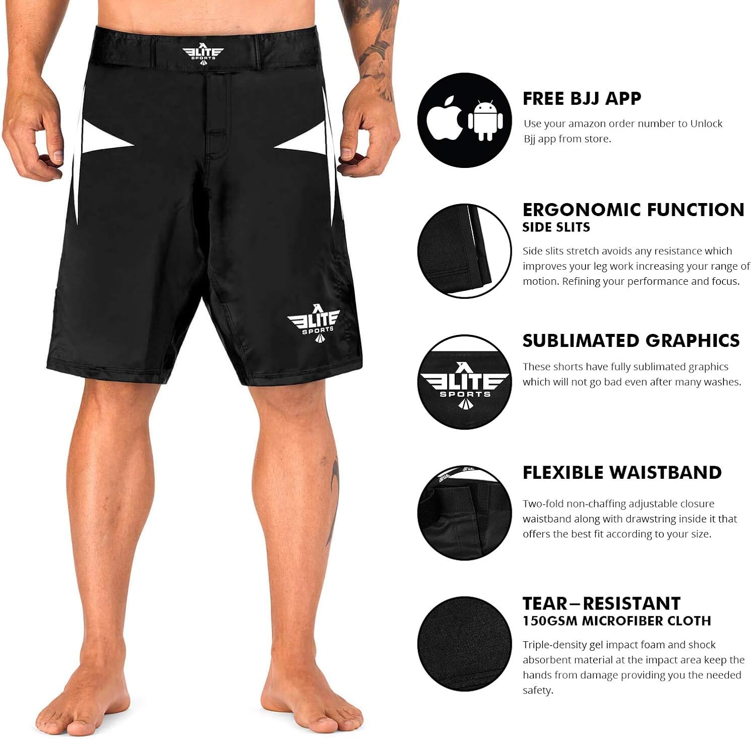 Elite Sports Men’s MMA Fight Shorts, Star Series UFC, BJJ, No Gi, Grappling, Jiu Jitsu Shorts : Clothing