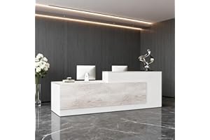 Huariifowm Modern L-Shaped Reception Desk with Hutch, Reception Counter Table, Lockable Drawer Door Cabinet, Office Wooden Computer Front Desk (Oak+Warm White-Right Cabinet, 102L*24" W*41" H)