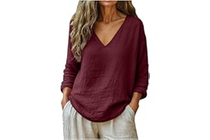 Cotton Linen Shirts for Women Trendy 2026 Summer Tops Dressy Casual Blouse Loose Fit V Neck Boho Tshirt Comfy Tunic