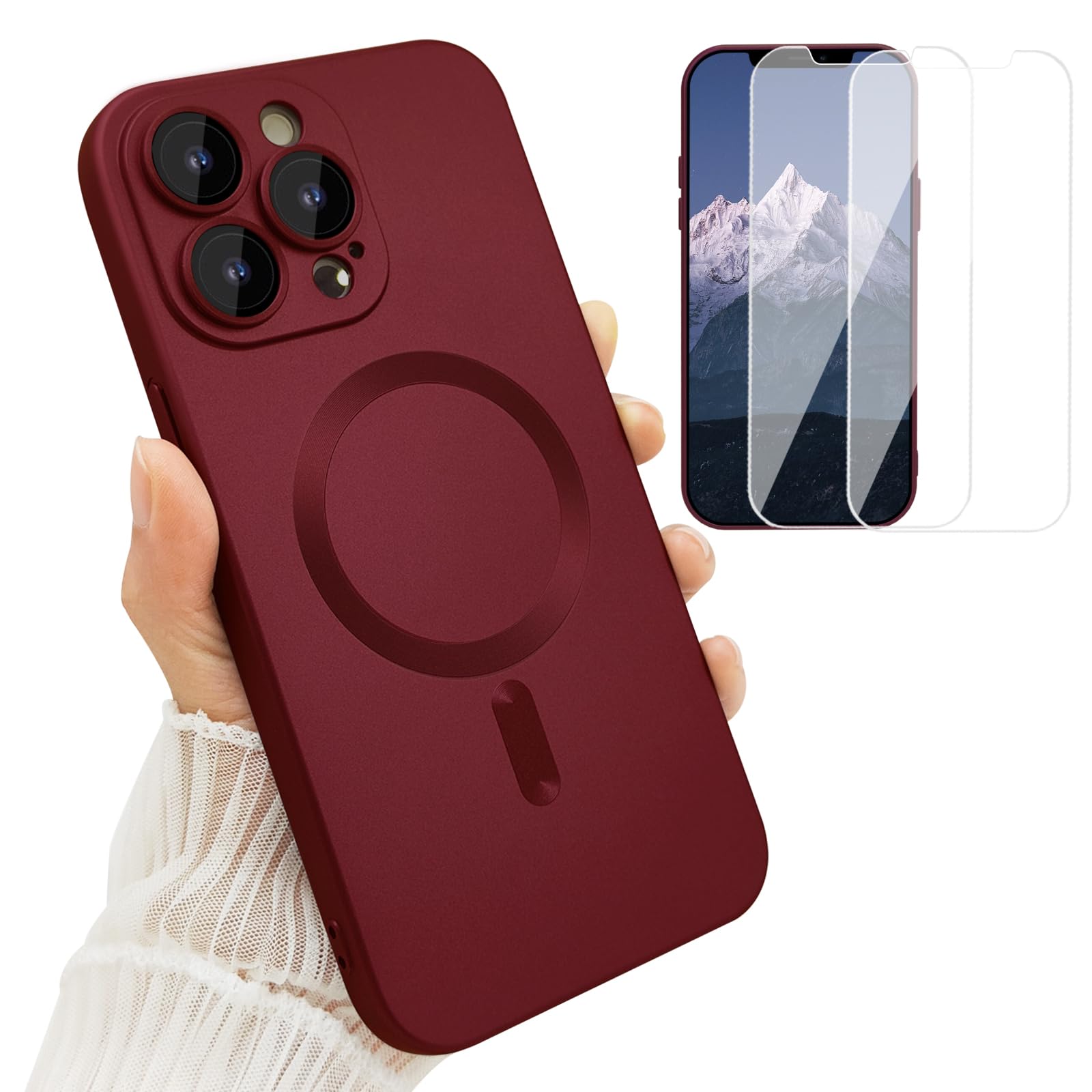 Photo 1 of ankofave Magnetic Case for iPhone 12 Pro Max Phone Case for Women, [Compatible with MagSafe] Matte Soft Metallic Design with Lens Protectors and 2 Screen Protectors for iPhone 12 Pro Max 6.7"-Wine Red