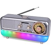 T.TAOMI Retro Portable Radio AM FM SW Shortwave Radio with Colorful Ambient Light,Battery Operated,SUB Charging, TF Card(Silvery)
