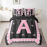 jejeloiu Pink Bow Kids Comforter Set with Sheets Full Size,Girl Bow Coquette 7 Piece Bedding Set,Personalized Letter A Bed in a Bag,Butterfly Knot Princess All Season Initial Letter A Bedroom Decor