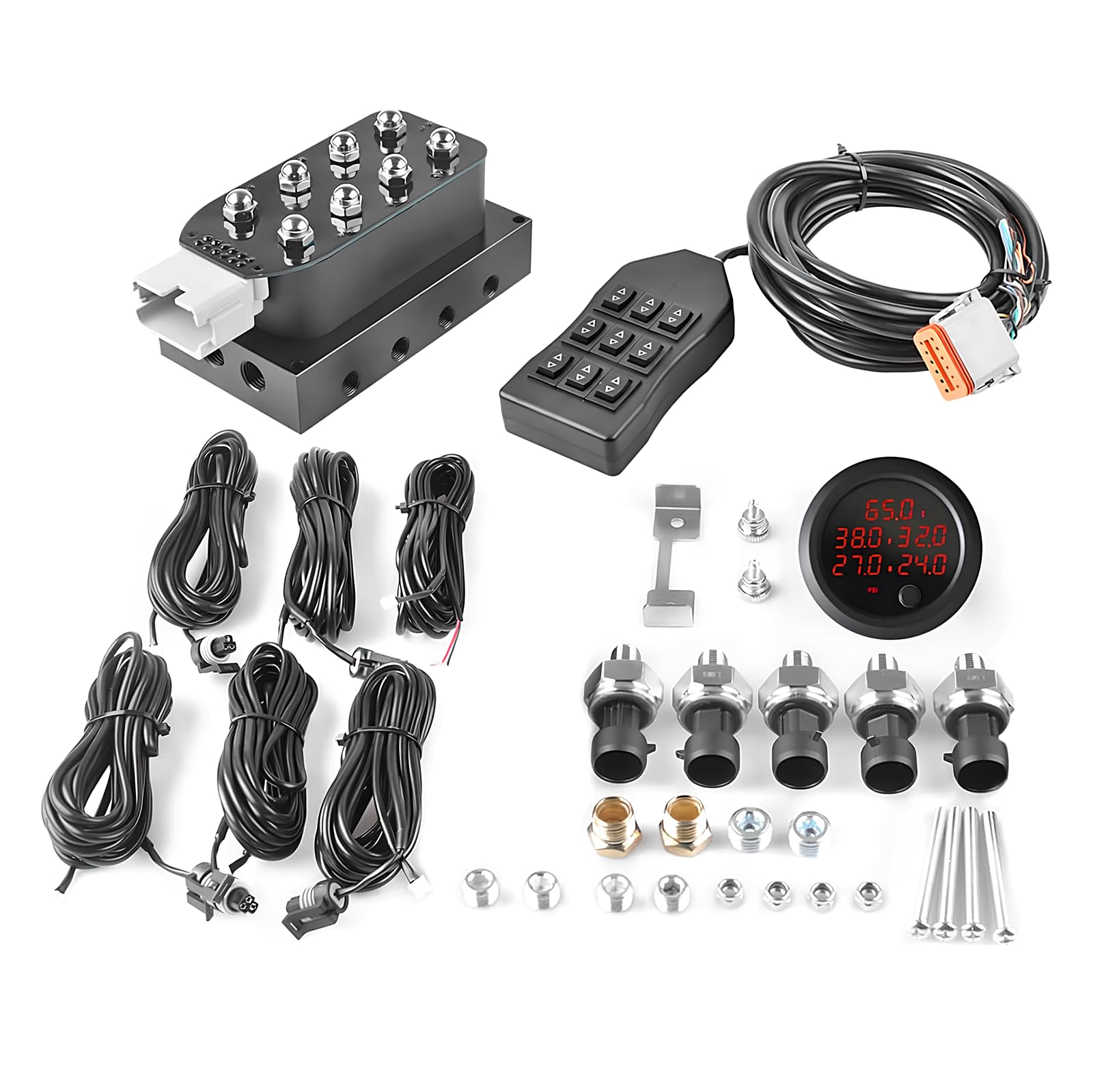 Photo 1 of 12V Solenoid Valve Air Ride Suspension manifold 8-Valve With 5M 9-switch Wired Remote Controller, equipped with five display air pressure gauge red